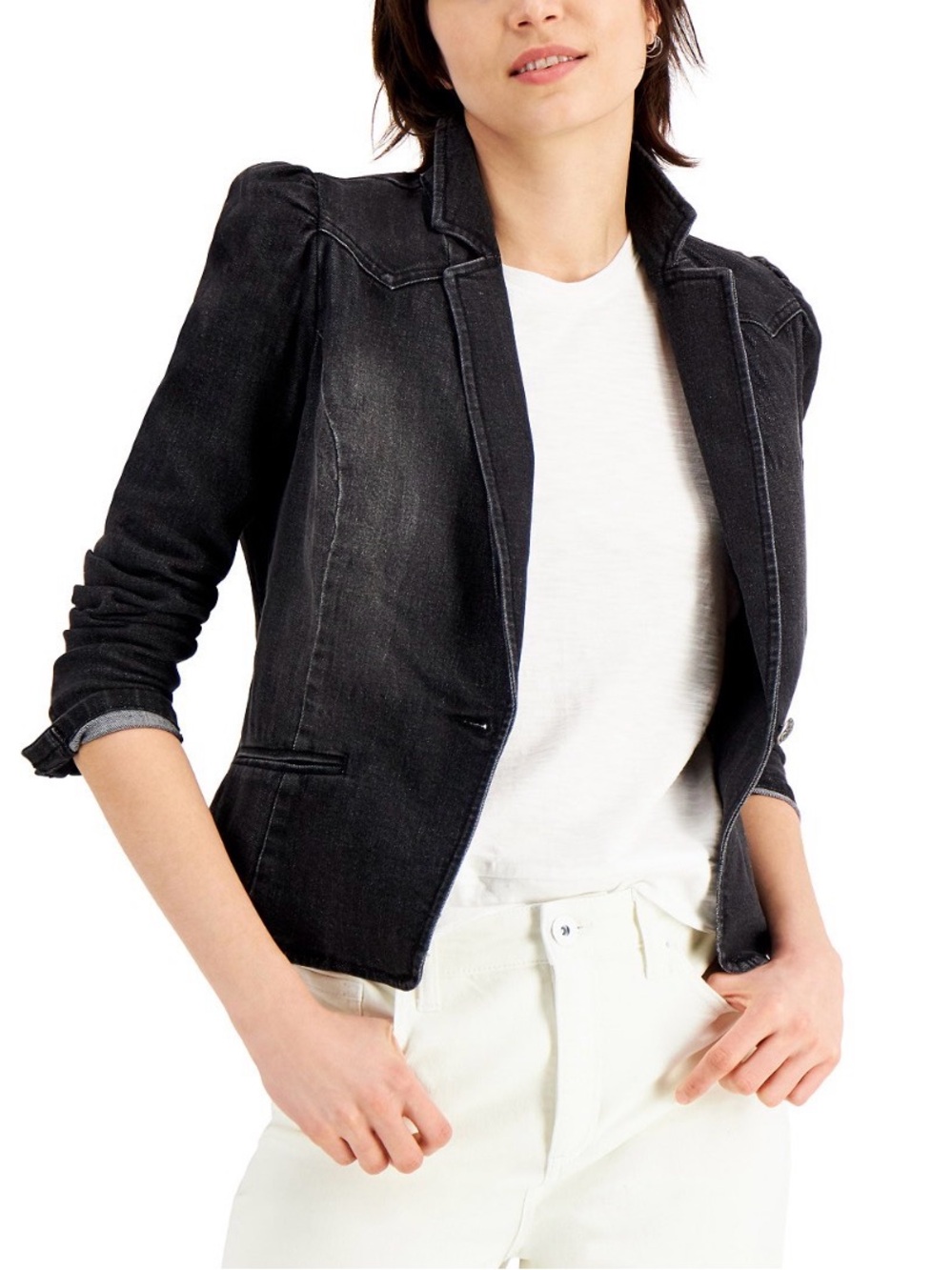 INC International Concepts Puff-Sleeve Washed Black Denim Blazer Jacket Small